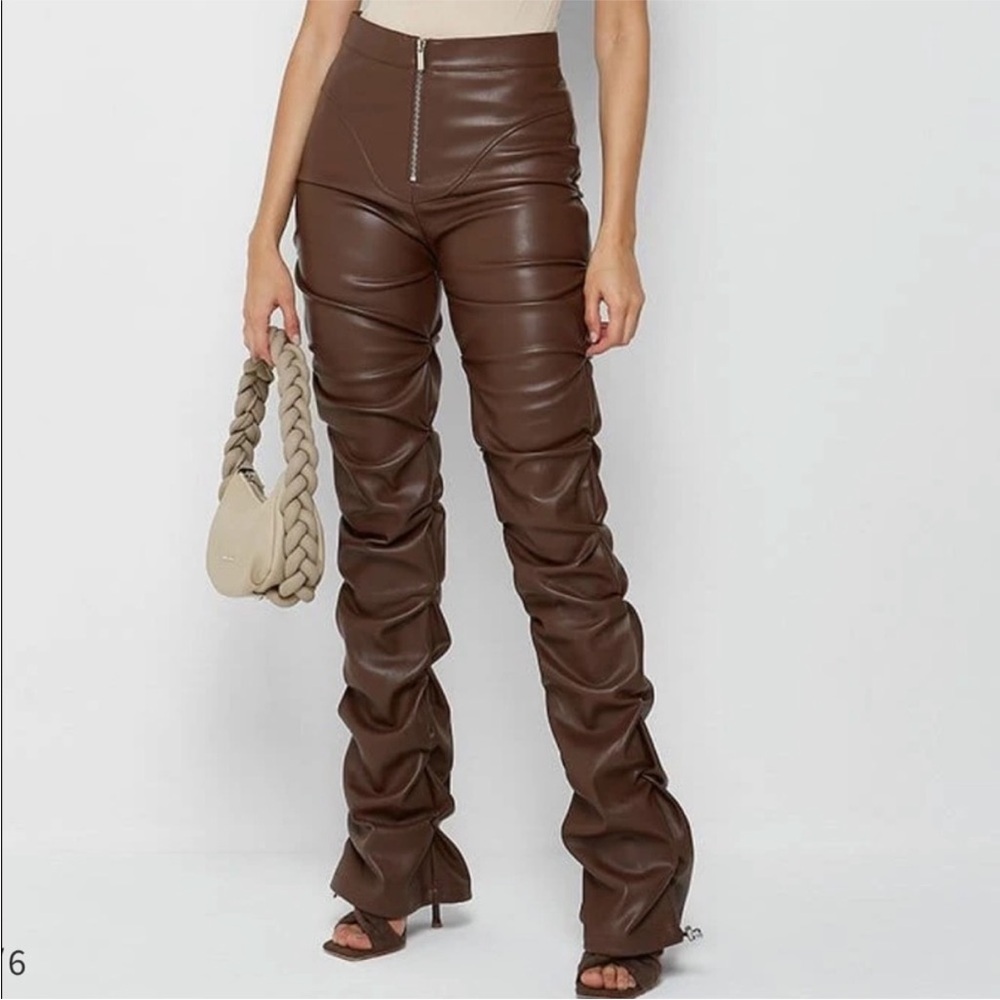 High-Rise Brown Faux Leather Ruched Wide-Leg Pants